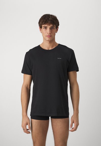 Black cotton t-shirt with a round neck and short sleeves, featuring a subtle logo in the upper left corner. Smooth texture, simple design.