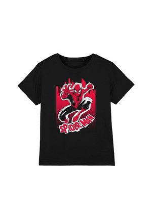 Black cotton t-shirt featuring a red and white graphic of a web-slinging character with "SPIDER-MAN" text below. Short sleeves and crew neck design.