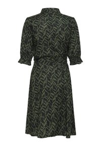 Robe à motifs vert et noir avec des manches bouffantes courtes, un col à boutons, une ceinture à la taille et une jupe évasée. Fabriquée en tissu léger.