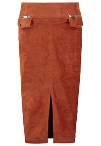 Rostfärgad mocka blyertskjol med en framficka, sidofickor och metallzippar. Slät textur och åtsittande design.