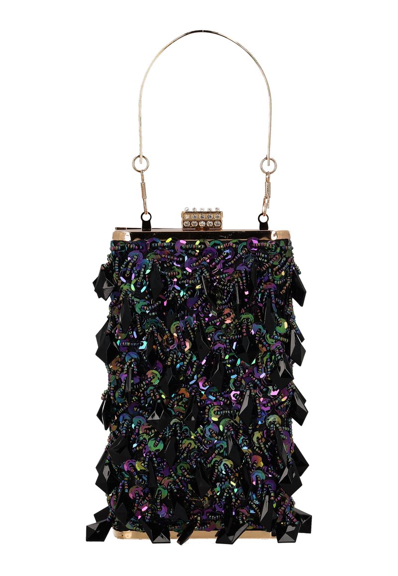 Sac à main noir avec sequins multicolores et accents noirs. Dispose d'un fermoir supérieur avec strass et d'une anse métallique. Surface texturée.