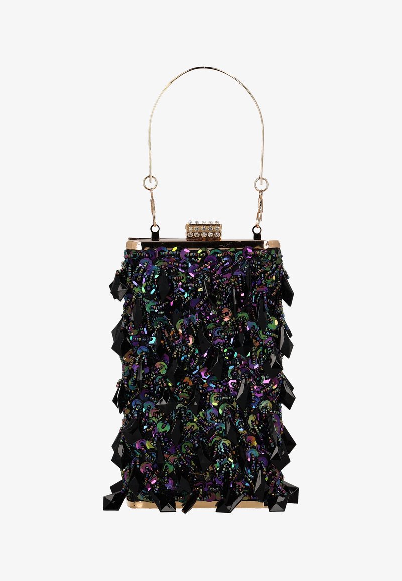 Sac à main noir avec sequins multicolores et accents noirs. Dispose d'un fermoir supérieur avec strass et d'une anse métallique. Surface texturée.