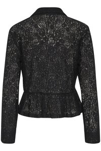 Mustmustest mustlakkidega peplum jakk, millel on pikad varrukad ja krae, peene lillemustriga ning tekstuurse viimistlusega.