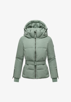 Žalias paminkštintas švarkas su aukštu apykakle, nuimamu gobtuvu, diržu juosmenyje, užtraukiamomis šoninėmis kišenėmis ir elastingais rankogaliais. Lygus paviršius ir elegantiškas dizainas.