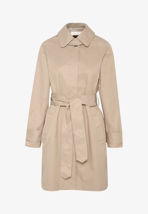 Beige trencskabát övvel a deréknál, nagy gallérral és hosszú ujjal. Két oldalsó zsebe van, és sima, vízálló anyagból készült.