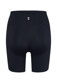 Czarne dopasowane szorty z wysokim stanem, z kontrastowymi szwami i małym logo nad tylnym kieszonką. Gładka, elastyczna struktura materiału.