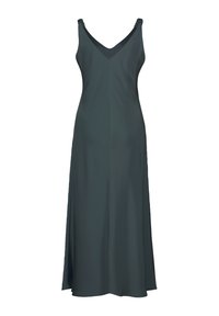 Robe longue de couleur vert foncé fabriquée en tissu lisse. Dispose d'un décolleté en V et de fines bretelles avec un corsage ajusté et une jupe fluide.