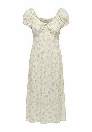 Robe midi crème avec manches courtes bouffantes, encolure dégagée, détail noué et petit motif floral bleu.