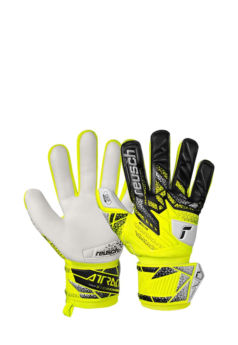 Guanti da portiere con palmo bianco, dettagli gialli, retro nero testurizzato, cuciture rinforzate e chiusura regolabile al polso.