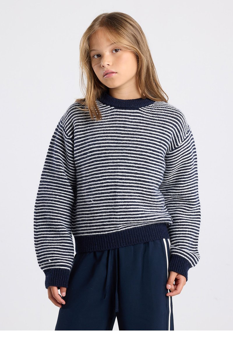 Blue and white striped knit sweater with a ribbed neckline and cuffs. Features a relaxed fit and soft texture, emphasizing casual style.
