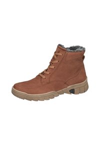 Botas de tobillo de cuero marrón con un acabado texturizado, parte delantera con cordones, forro de piel sintética gris en el puño y suela de goma resistente.