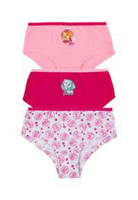 Tre paia di mutandine per bambini: rosa chiaro con stampa di personaggi, rosa scuro con stampa di personaggi e grigio con design a fantasia rosa.
