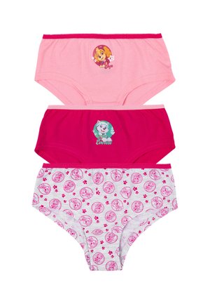 Tre paia di mutandine per bambini: rosa chiaro con stampa di personaggi, rosa scuro con stampa di personaggi e grigio con design a fantasia rosa.