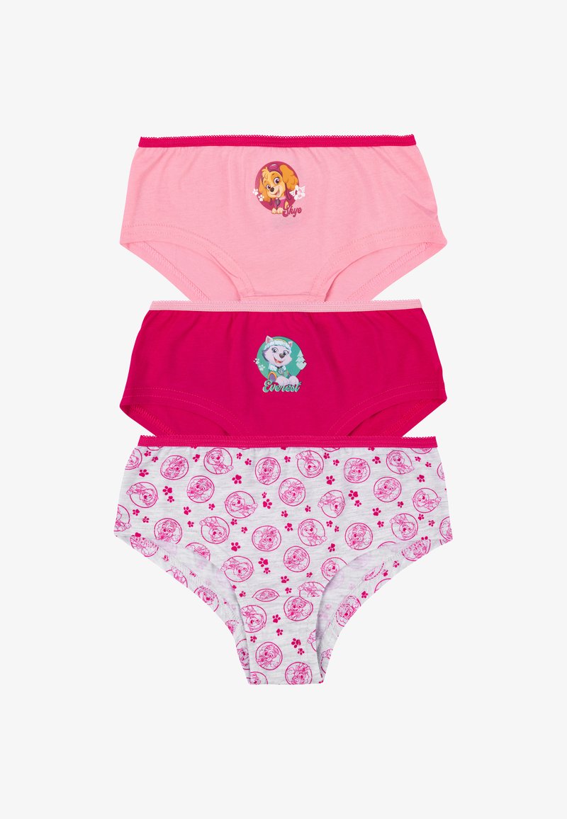Tre paia di mutandine per bambini: rosa chiaro con stampa di personaggi, rosa scuro con stampa di personaggi e grigio con design a fantasia rosa.