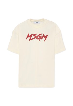 Crème katoenen t-shirt met een bold rood "MSGM" logo in een penseelstreep stijl op de voorkant. Ontspannen pasvorm, korte mouwen en een ronde hals.