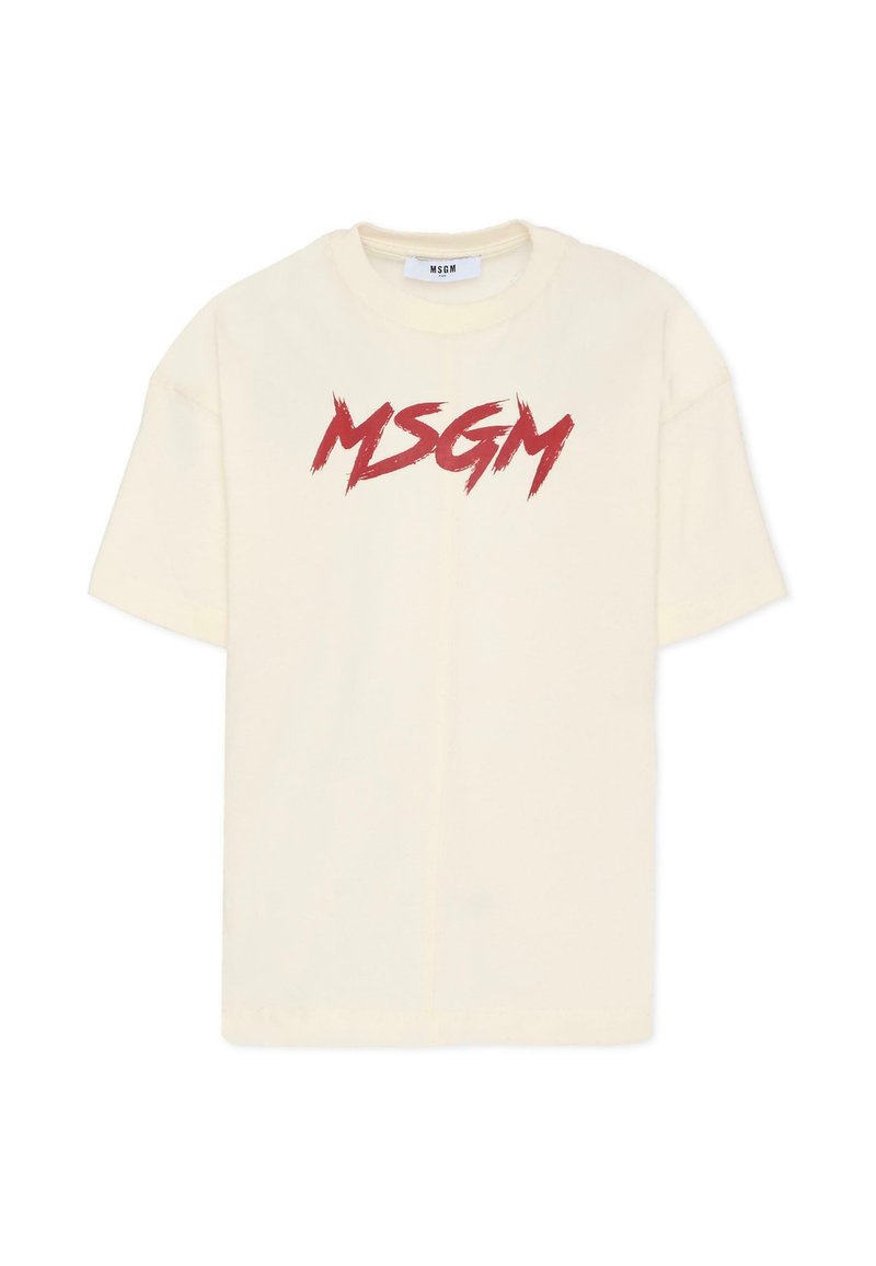T-shirt in cotone crema con un audace logo rosso "MSGM" in stile pennellata sulla parte anteriore. Vestibilità rilassata, maniche corte e scollatura a girocollo.