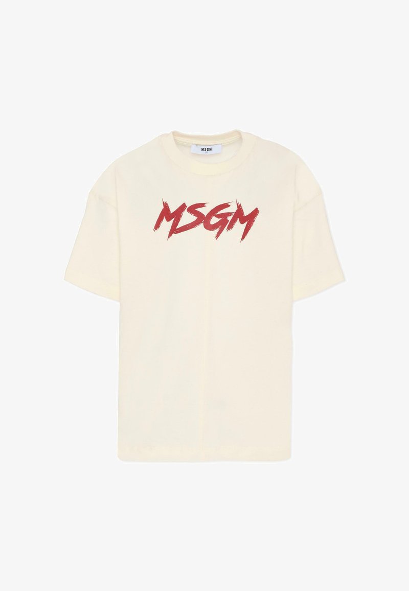 T-shirt in cotone crema con un audace logo rosso "MSGM" in stile pennellata sulla parte anteriore. Vestibilità rilassata, maniche corte e scollatura a girocollo.