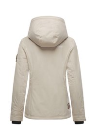 Beige insulated jacket with a detachable hood, featuring a fitted design, elastic cuffs, and a logo patch on the sleeve. Smooth fabric texture.