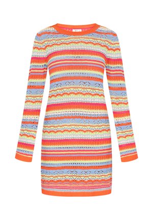 Kootud kleit pikkade varrukkatega ja ümmarguse kaelusega, millel on horisontaalsed triibud oranžis, roosas, kollases, sinises ja valges koos pitsimustritega.