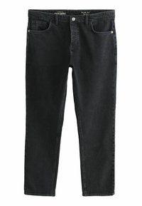 Jeans negri din denim, slim fit, cu design clasic cu cinci buzunare, închidere cu buton și fermoar, și o decolorare subtilă pe material pentru textură.