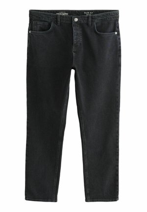 Jeans negri din denim, slim fit, cu design clasic cu cinci buzunare, închidere cu buton și fermoar, și o decolorare subtilă pe material pentru textură.