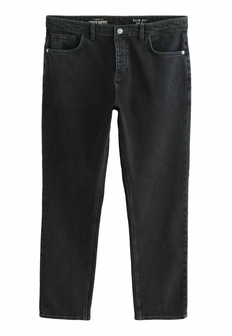 Jeans negri din denim, slim fit, cu design clasic cu cinci buzunare, închidere cu buton și fermoar, și o decolorare subtilă pe material pentru textură.