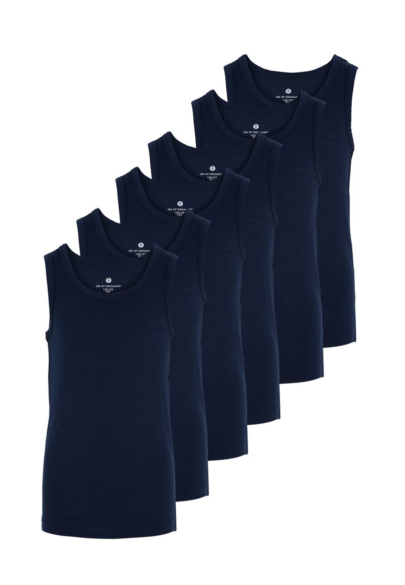Navy blue cotton tank tops displayed in a row, featuring a round neckline and sleeveless design. Smooth texture and simple design.