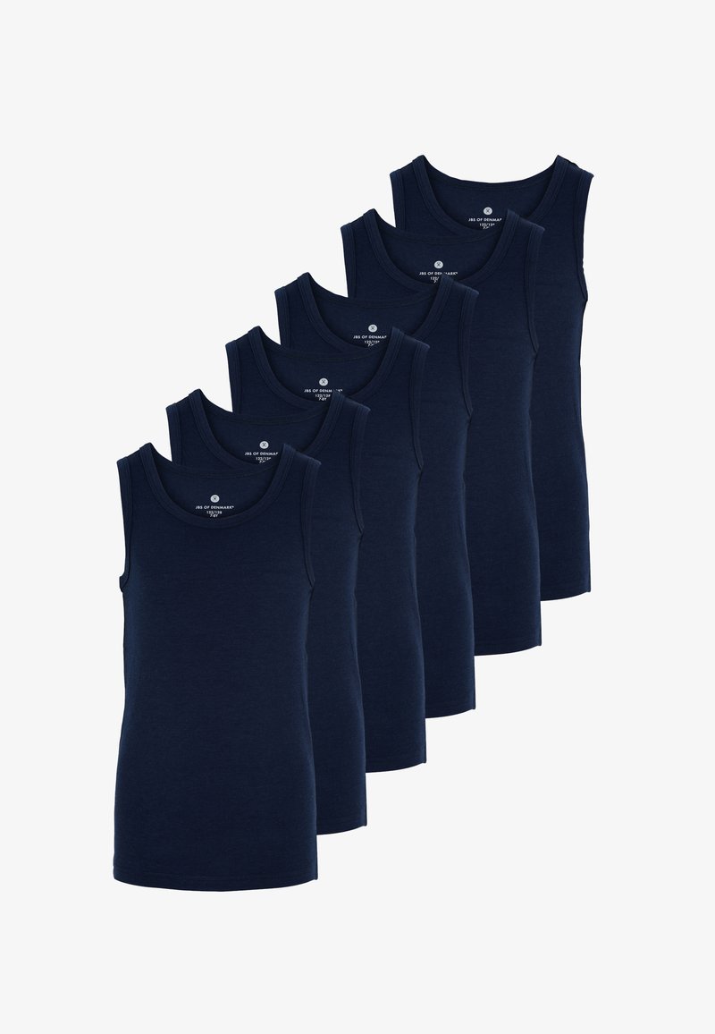 Navy blue cotton tank tops displayed in a row, featuring a round neckline and sleeveless design. Smooth texture and simple design.