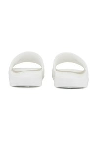 Sandali bianchi a slip-on con design open toe, suola spessa e due ampie cinghie posteriori per il supporto del piede. Texture liscia.