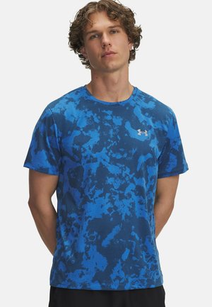 Blue short-sleeve athletic t-shirt featuring a textured, marbled pattern with darker and lighter blue tones. Under Armour logo on left chest.