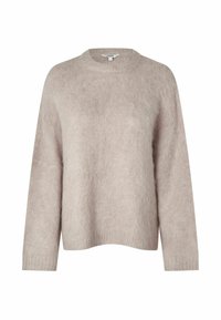 Kerged beeži värvi soe kampsun, mis on valmistatud pehmest ja karvase pinnaga materjalist, ümarate krae, pikkade varrukate ja lõdva lõikega. Tekstuuriga pind, minimalistlik disain.