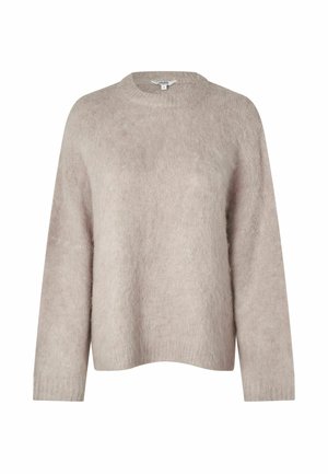 Hellbeige Pullover aus weichem, flauschigem Material mit rundem Hals, langen Ärmeln und lockerer Passform. Strukturiert und minimalistisches Design.