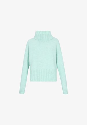 Lys mintgrøn sweater med høj ribbestrikket turtleneck, drop shoulders og ribbestrikket kant, lavet af blødt strikmateriale.