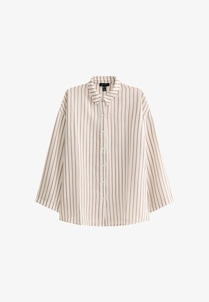Chemise à rayures crème et marron avec boutonnière. Dotée d'un col, de manches longues et d'une coupe décontractée. Tissu léger et texturé.