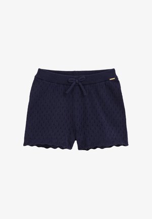 Marinefarbene Shorts mit einem strukturierten Rautenmuster, elastischem Bund mit Kordelzug und gewelltem Saum, aus leichtem Stoff gefertigt.