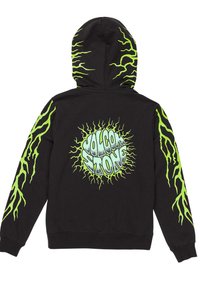 Hoodie noir avec des graphiques de foudre verts audacieux sur les manches et un design de logo central avec un motif de rayon de soleil au dos.