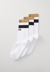 Balti medvilniniai kojinės su tekstūruotu raštu, ruda ir juoda juostelė viršuje bei juodas "SS" logotipas vienoje pusėje.