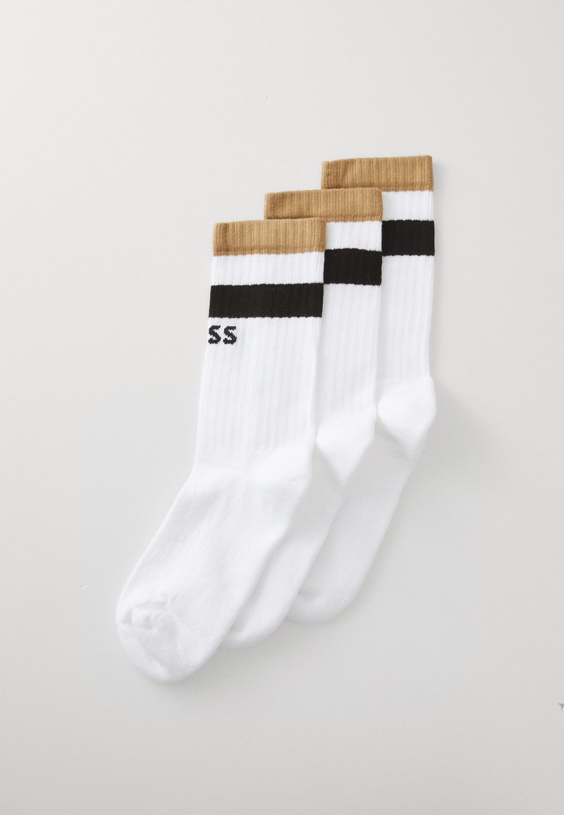 Balti medvilniniai kojinės su tekstūruotu raštu, ruda ir juoda juostelė viršuje bei juodas "SS" logotipas vienoje pusėje.