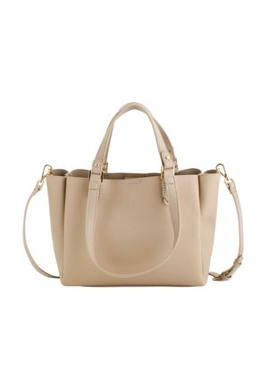 Beige leather tote bag with two short handles, a detachable adjustable shoulder strap, and gold-tone hardware accents.