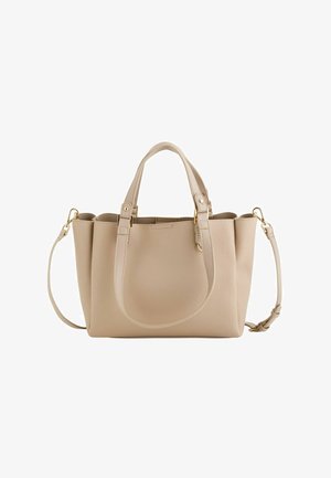 Beige Ledertasche mit zwei kurzen Griffen, einem abnehmbaren verstellbaren Schulterriemen und goldfarbenen Metallakzenten.