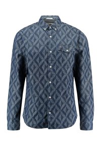 Overhemd met knopen in donkerblauw denim met een geometrisch wit patroon, een enkele borstzak en een klassieke kraag. Voorzien van knoopsluitingen.