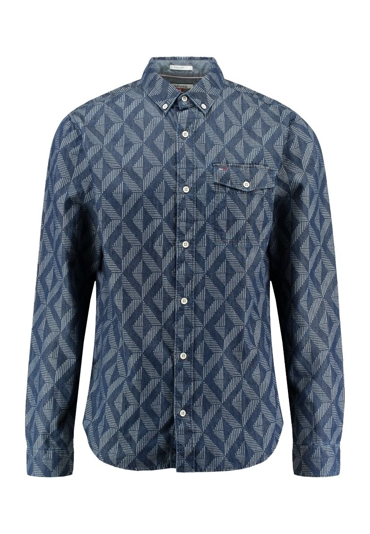 Overhemd met knopen in donkerblauw denim met een geometrisch wit patroon, een enkele borstzak en een klassieke kraag. Voorzien van knoopsluitingen.
