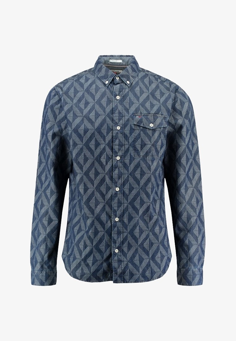 Overhemd met knopen in donkerblauw denim met een geometrisch wit patroon, een enkele borstzak en een klassieke kraag. Voorzien van knoopsluitingen.