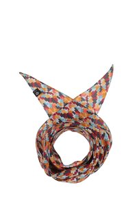 Multicolored scarf with a geometric pattern featuring orange, blue, and red tones. Made of lightweight fabric, it is looped and pointed at the ends.