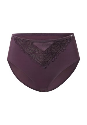 High-waisted purple panties made of smooth fabric, featuring a lace trim in a scalloped pattern at the front and a solid back.