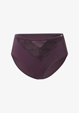 Bragas moradas de talle alto hechas de una tela suave, con un borde de encaje en un patrón festoneado en la parte delantera y un reverso liso.