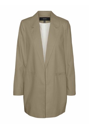 Licht kaki blazer met een getailleerd silhouet, notch-lapels en twee zijzakken. Voering met een verticale streepjespatroon. Lange mouwen.