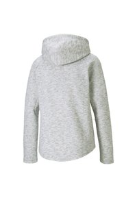 Sudadera gris claro hecha de un tejido suave y texturizado. Cuenta con una capucha amplia y mangas largas, con un dobladillo ligeramente curvado en la parte posterior.