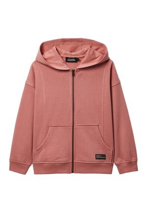 Sweat à capuche zippé rose poussière pour enfants avec poches avant, poignets et ourlet côtelés, et une étiquette "Neon Explorer" sur la poche.