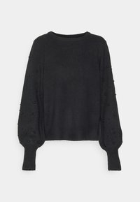 Maglione nero a maglia con maniche lunghe, caratterizzato da piccole perline nere lungo le maniche. Collo rotondo e polsini a costine.